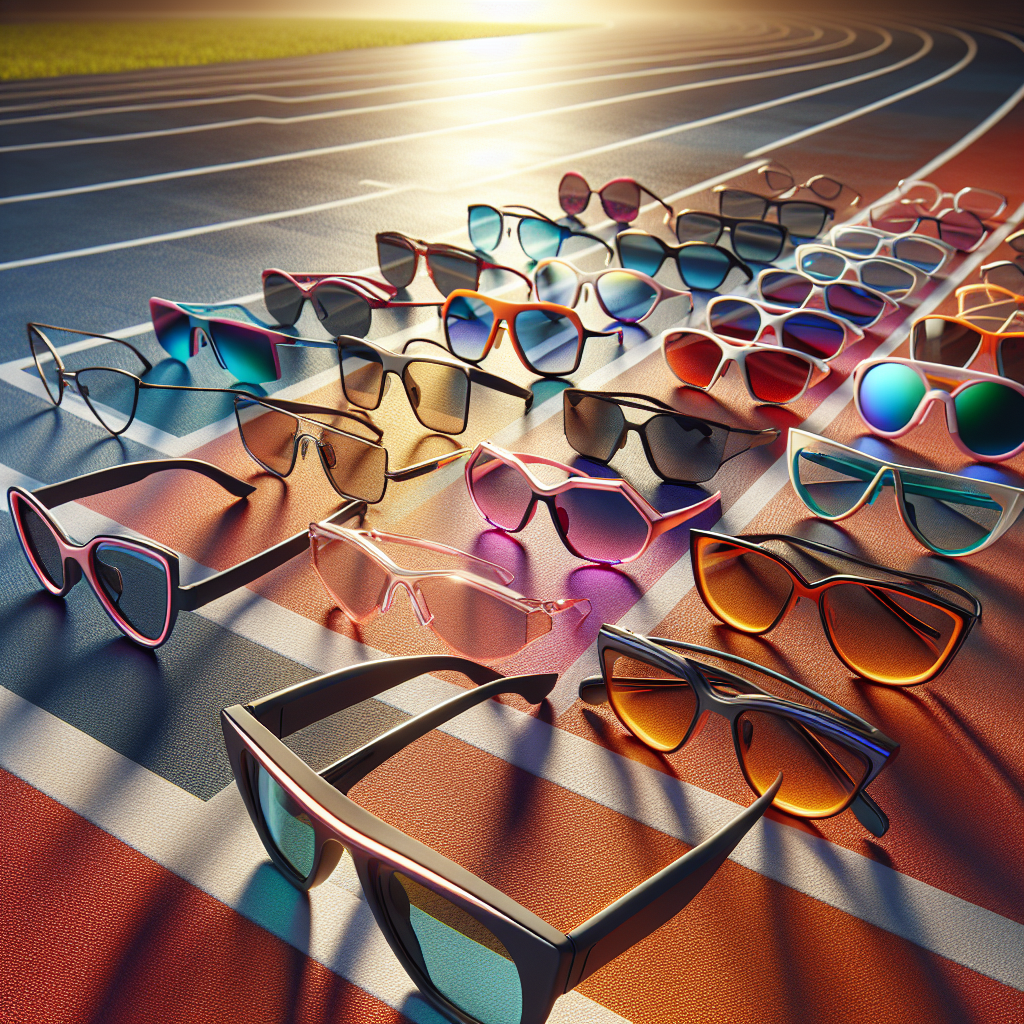 A vibrant collection of women's sports glasses in various colors and modern designs displayed on a running track
