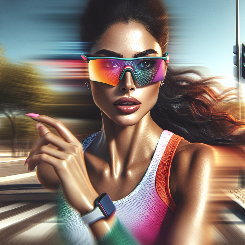 A stylish woman running outdoors wearing colorful sports sunglasses with mirrored lenses, showcasing the latest trends in women's sports eyewear