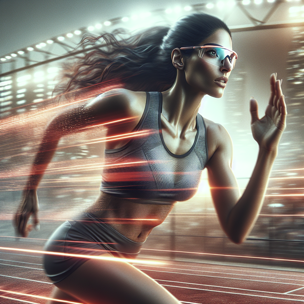 A dynamic athlete wearing prescription sports glasses while running on a track