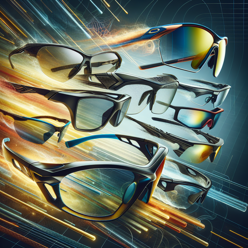 Diferentes tipos de óculos esportivos com grau em um fundo dinâmico
