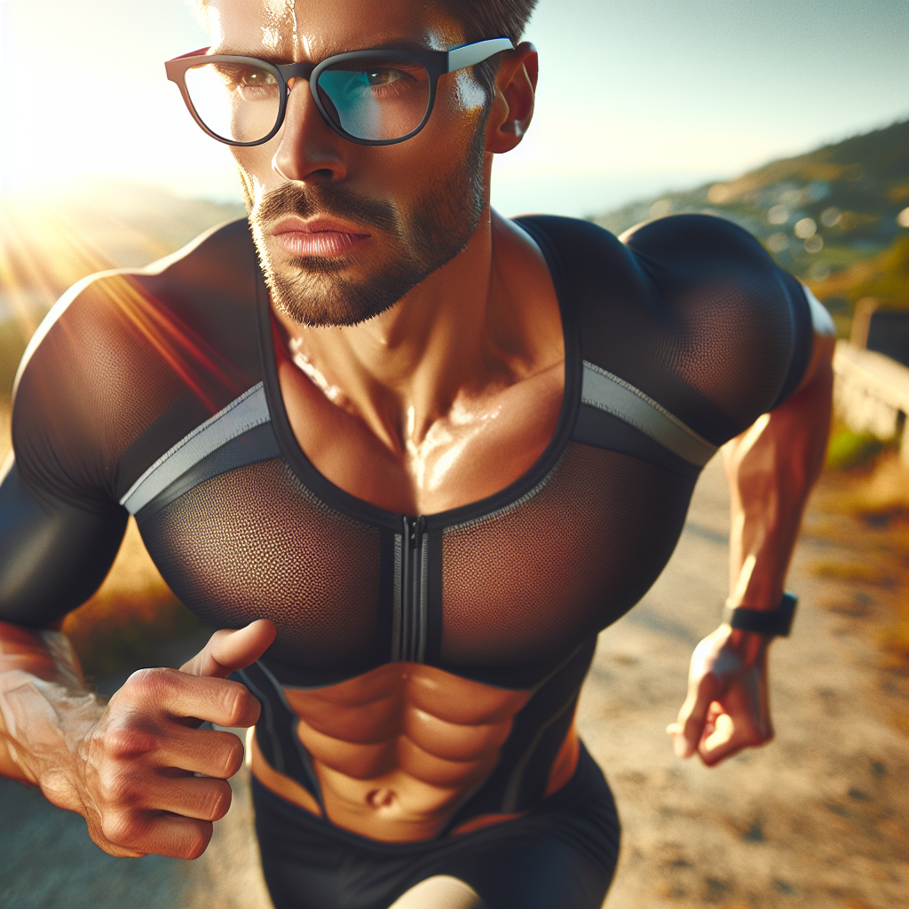 Atleta usando &oacute;culos esportivo de grau enquanto corre ao ar livre