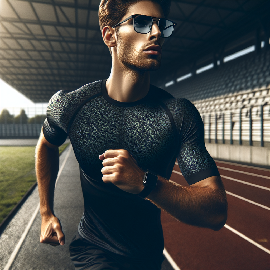 A sporty person wearing stylish prescription sports glasses while running on a track