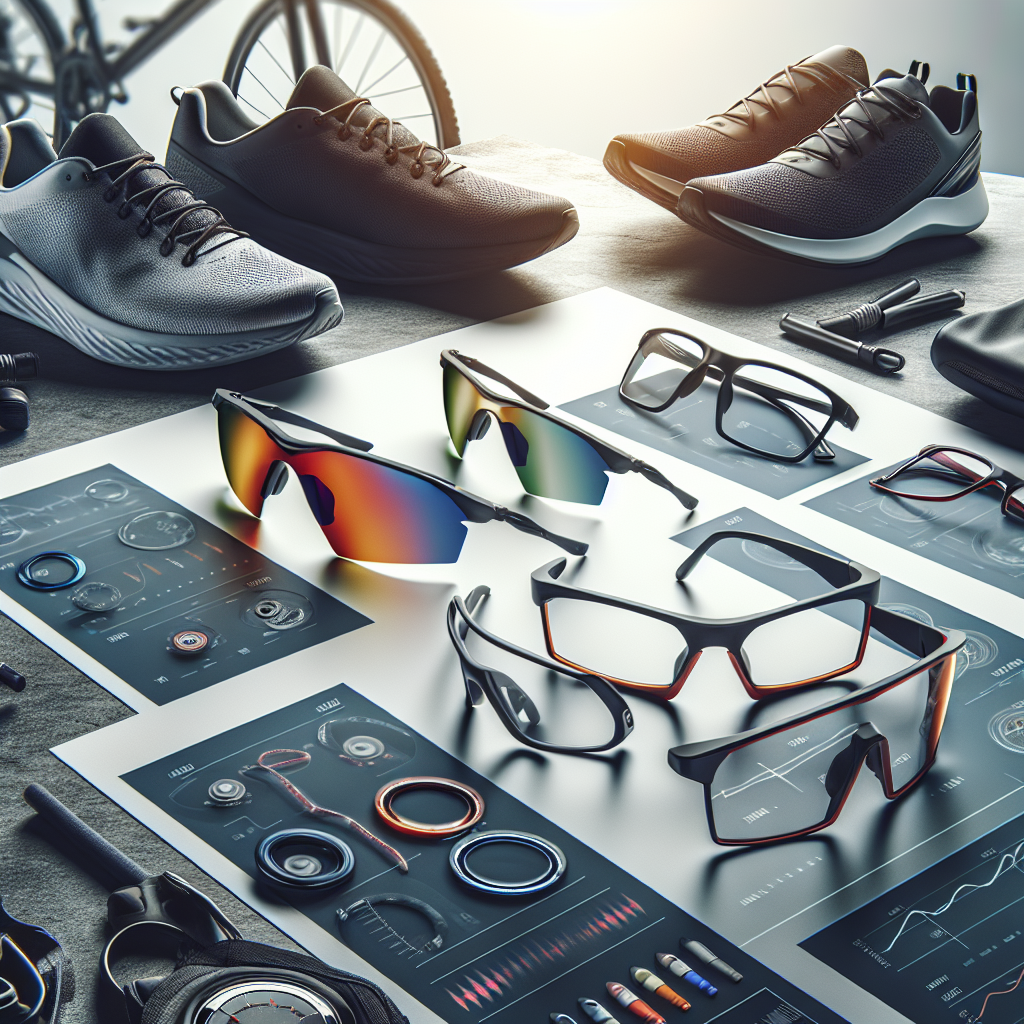 A variety of sporty prescription glasses displayed on a table with running shoes and cycling gear in the background