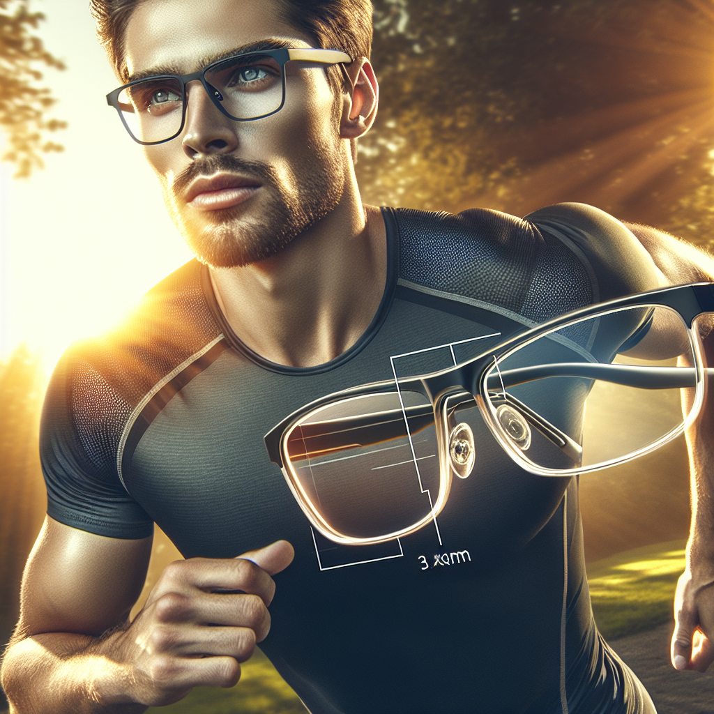 Um atleta usando &oacute;culos de grau esportivo enquanto corre em um parque ensolarado, destacando as lentes e a arma&ccedil;&atilde;o leve