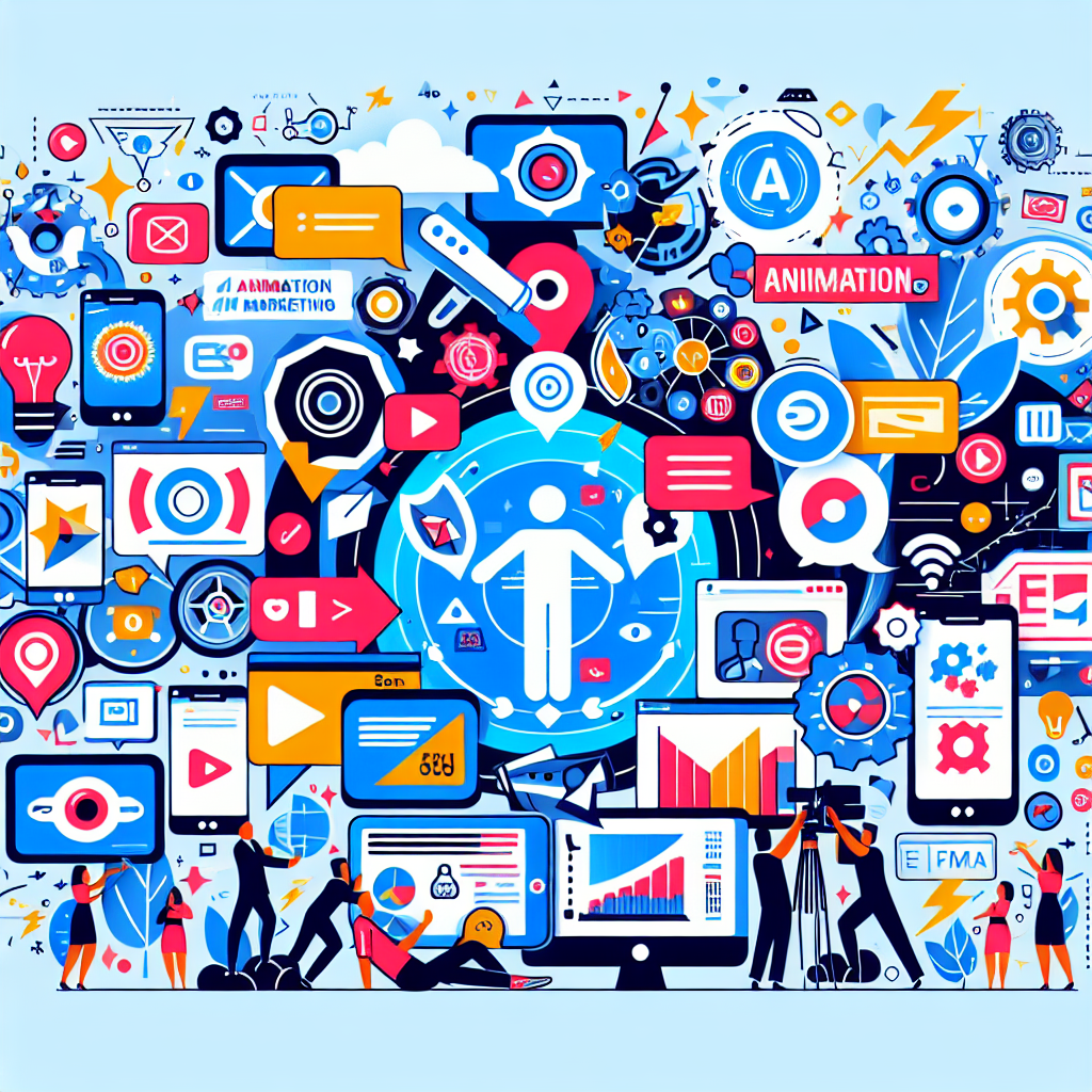 A vibrant illustration showcasing various forms of animation marketing including explainer videos, social media animations, and animated infographics