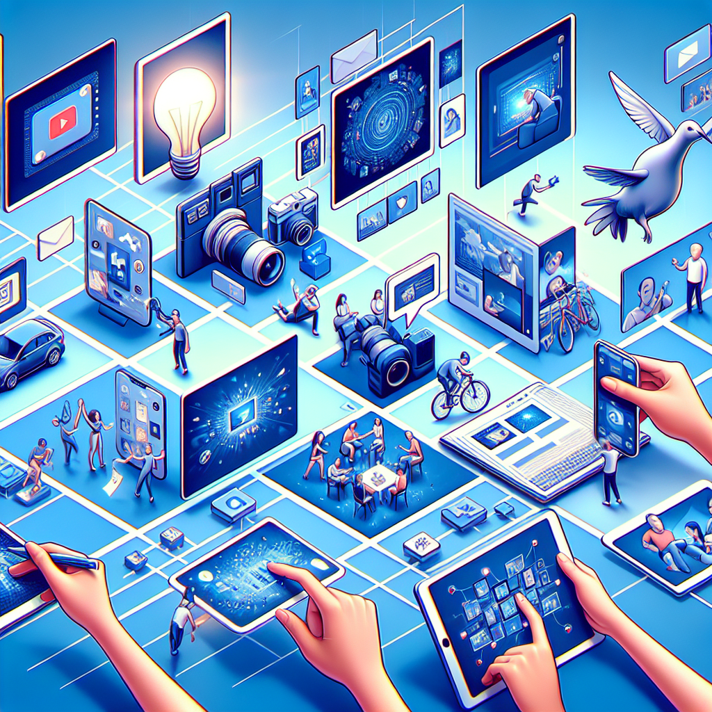 An illustration showing various applications of animation marketing across different platforms including social media posts, websites, and email campaigns