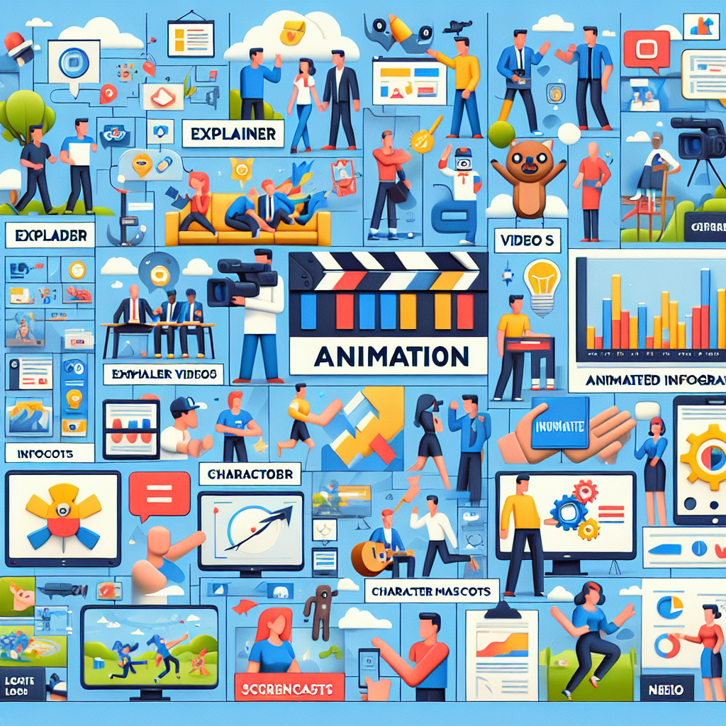 A dynamic collage showcasing different types of animation used in marketing such as explainer videos, animated infographics, character mascots, and screencasts