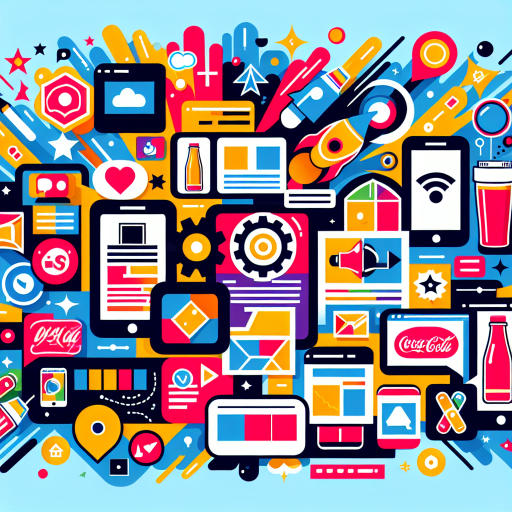 A colorful collage showcasing various types of product advertisements including digital ads, print ads, social media posts, and video ads