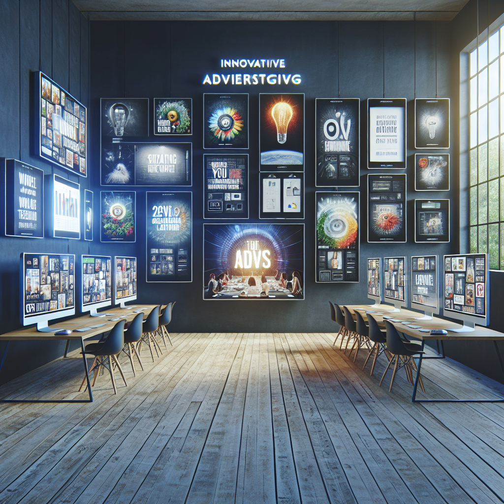 A creative workspace showcasing innovative advertising techniques with digital screens displaying engaging ads