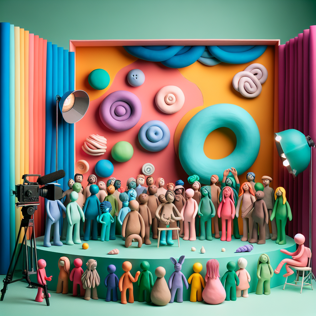 A vibrant scene depicting various characters made from clay being animated in a whimsical studio setting with colorful backdrops