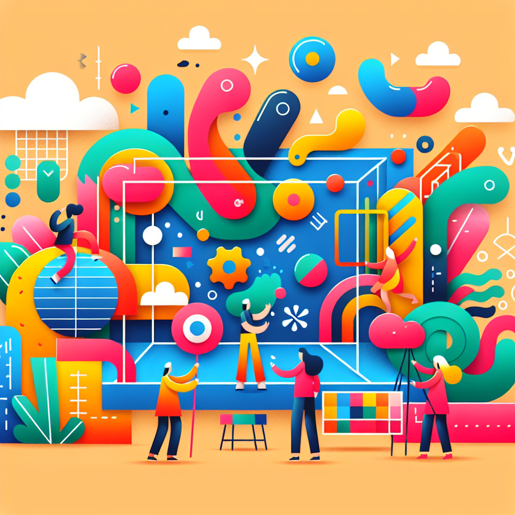 A lively scene showcasing colorful cut-out characters interacting in a whimsical environment with playful elements around them
