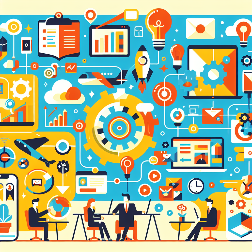 A vibrant illustration showcasing various applications of 2D animation in business settings including product demos and corporate presentations
