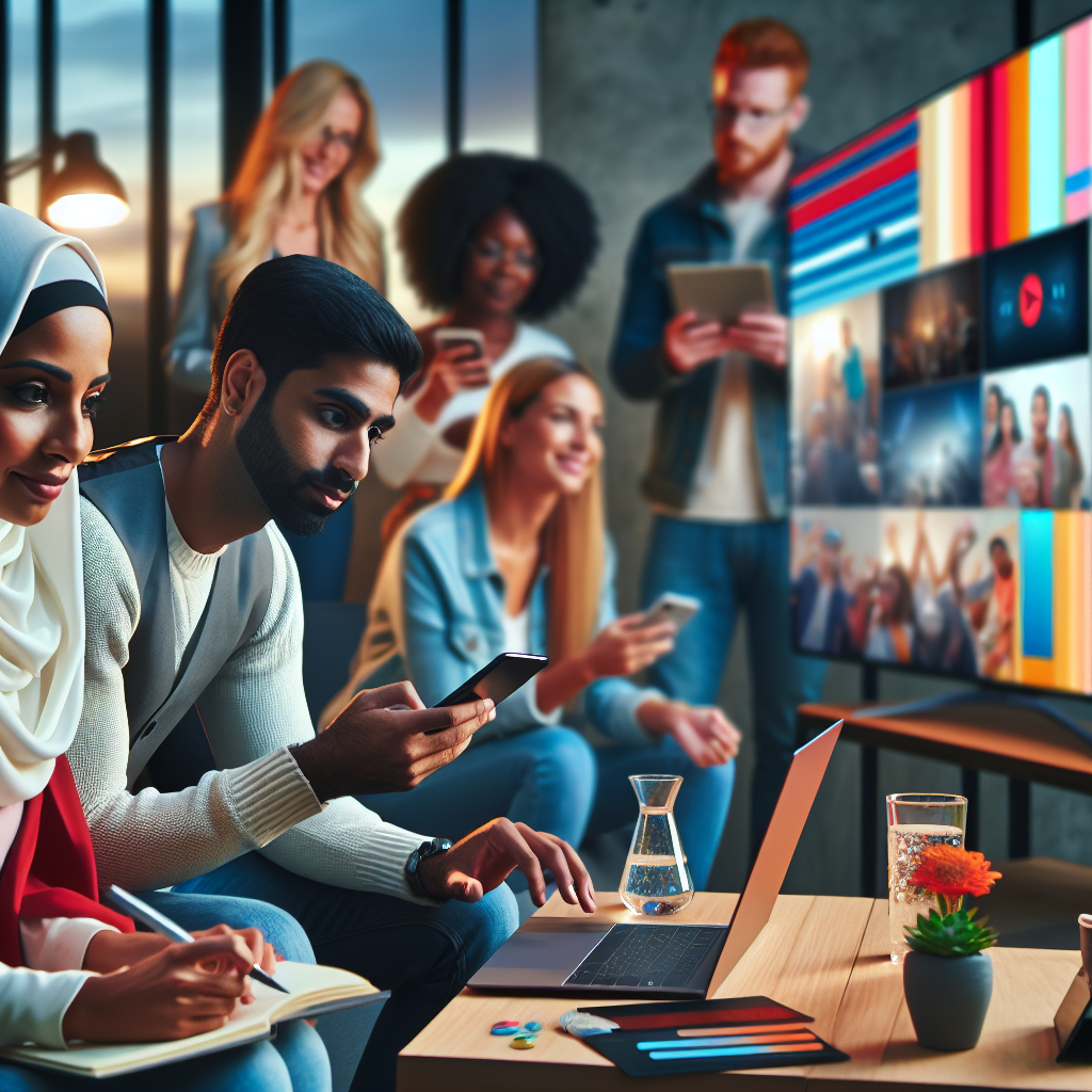 A vibrant scene illustrating personalized video creation using AI technology, featuring diverse audiences engaging with tailored video content on various devices.