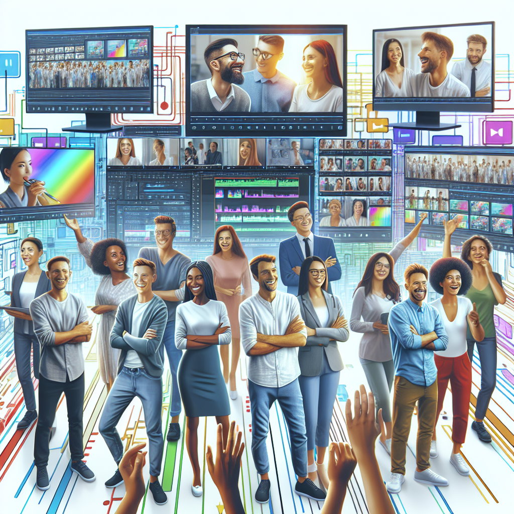 A vibrant illustration showing small business owners using AI technology for cost-effective video production, featuring screens displaying editing software and happy users.