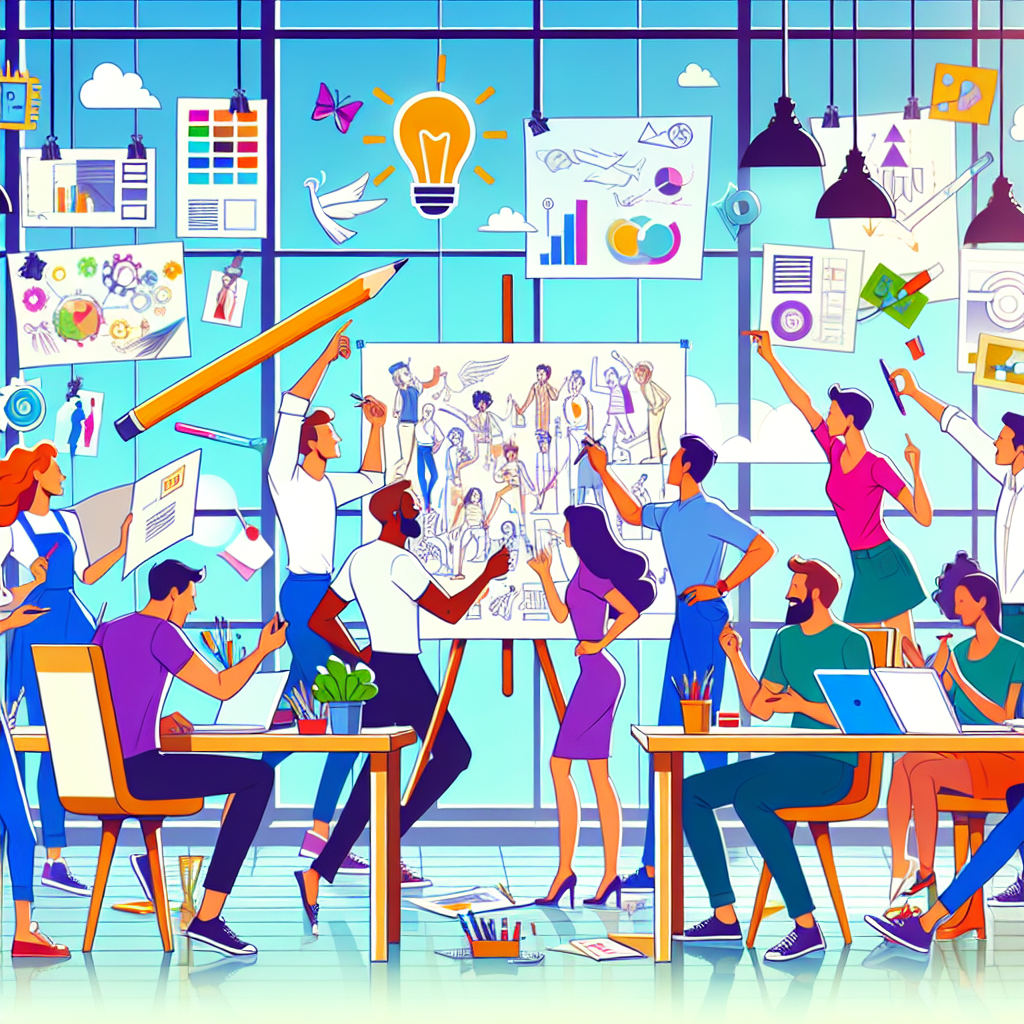 A creative workspace with animated characters brainstorming ideas for an explainer video