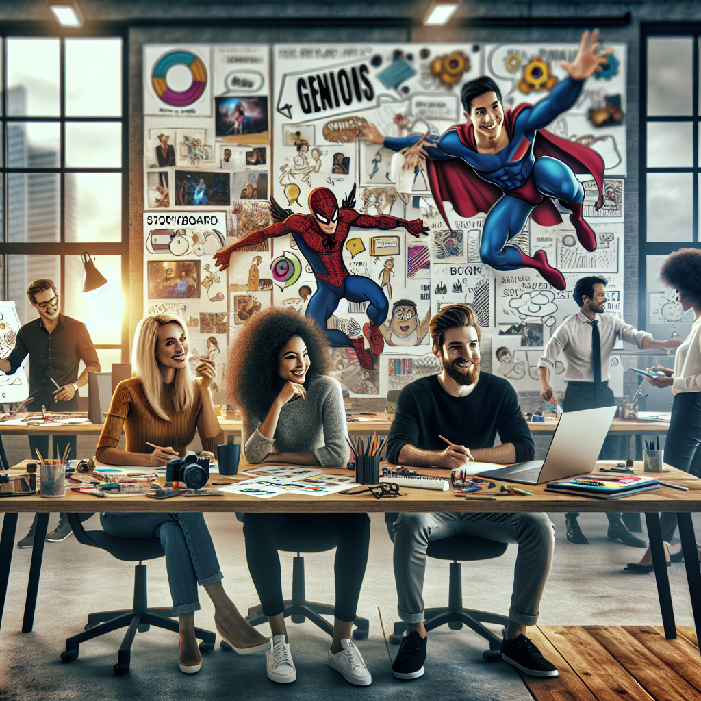 A creative workspace with a team brainstorming ideas for animated explainer videos, featuring storyboards and sketches.