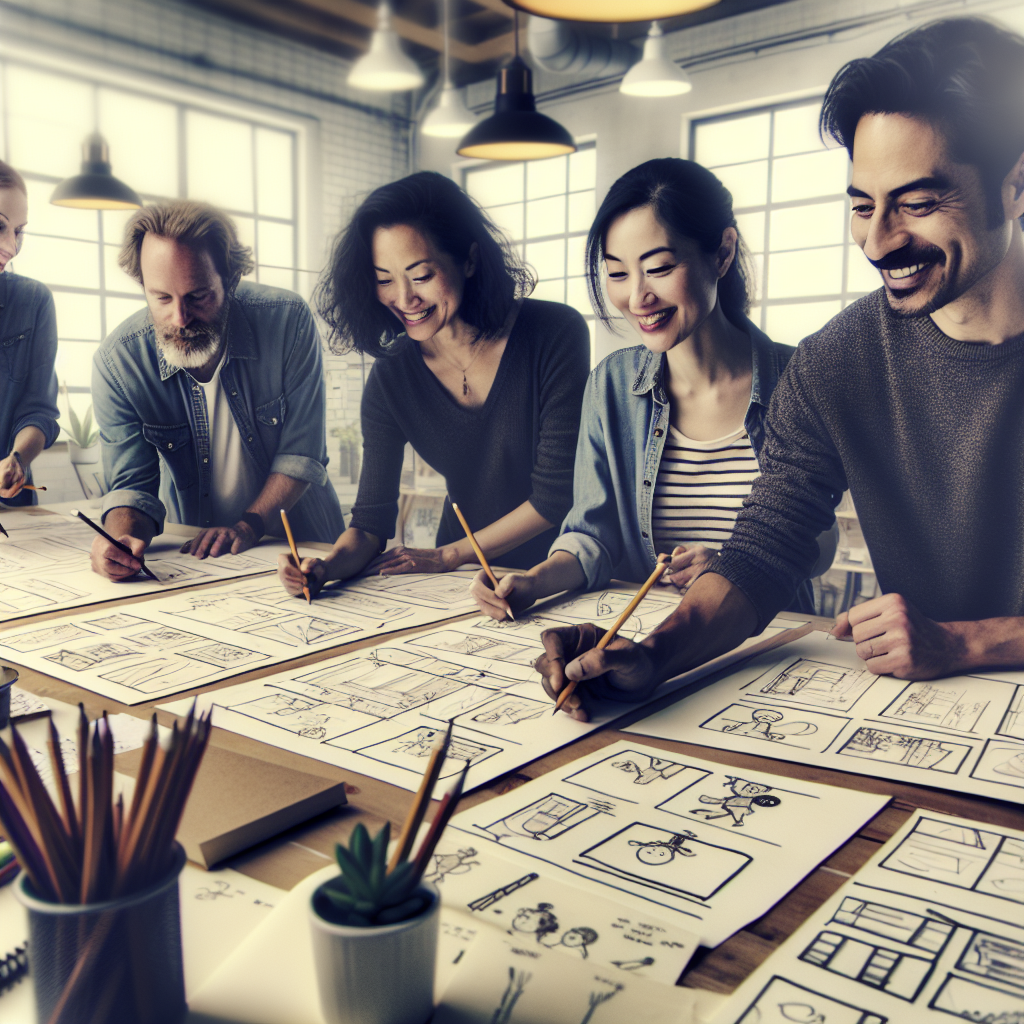 A creative team collaborating over storyboards for an animated explainer video project in a bright studio filled with sketches.