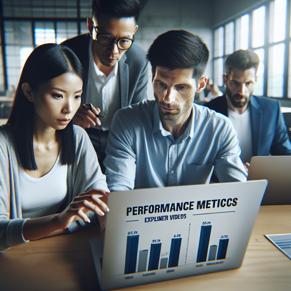 A digital marketing team analyzing data from explainer video performance metrics on laptops in a modern office setting.