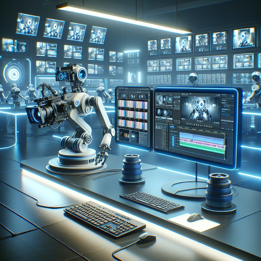 A futuristic studio with advanced AI tools for video editing, showcasing automated editing software on screens and robotic cameras in action