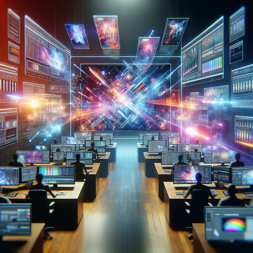 A dynamic scene showing various AI editing software interfaces in action on multiple screens in a modern editing suite
