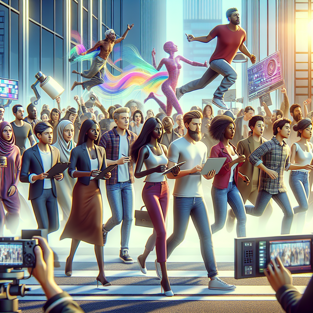 A vibrant scene showcasing various stunning visual effects applied in an animated video production setting with characters interacting dynamically