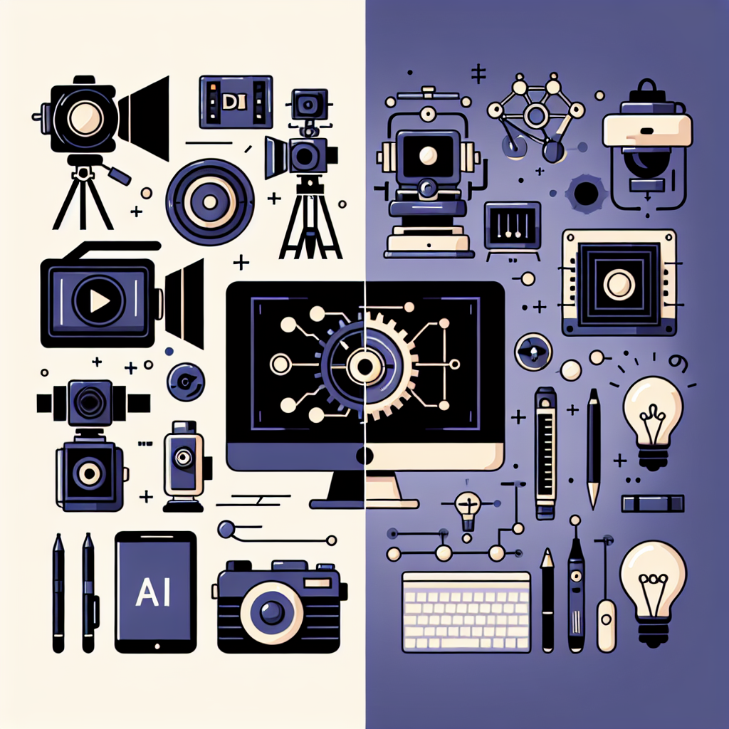 A split-screen comparison of traditional video production equipment vs AI-driven animation tools