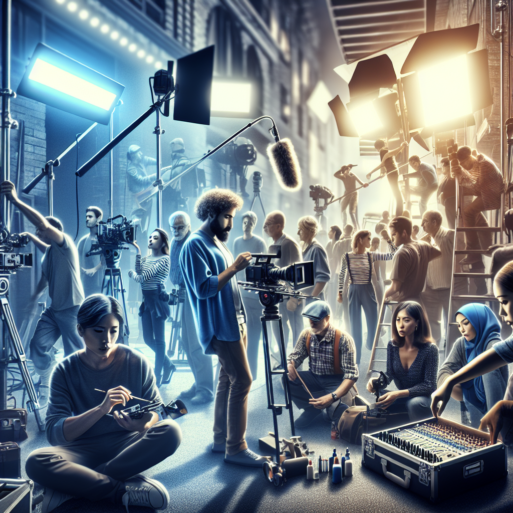 A behind-the-scenes look at a traditional film set with crew members working on various tasks