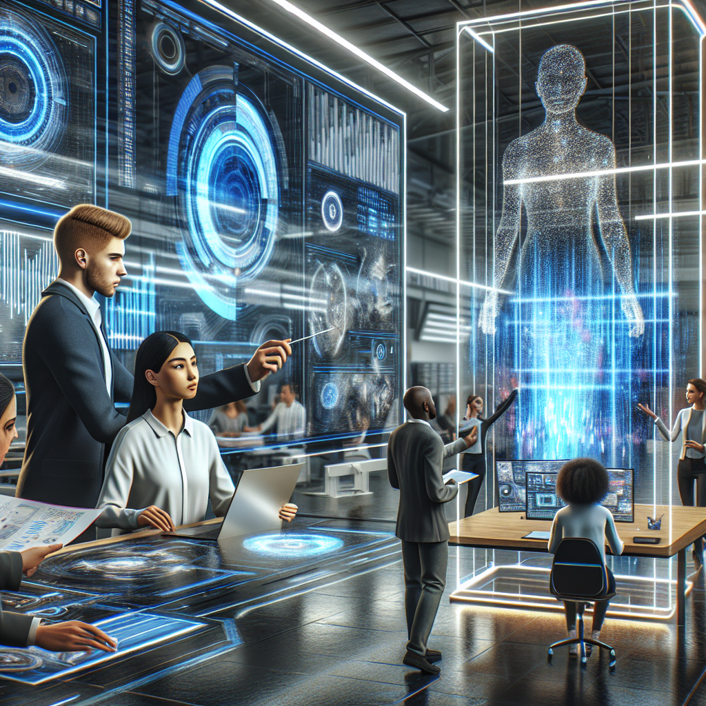 A futuristic office environment showcasing people collaborating with AI tools for video production