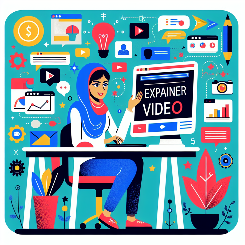 A vibrant workspace showing a person animatedly creating an explainer video on their computer with colorful graphics around them