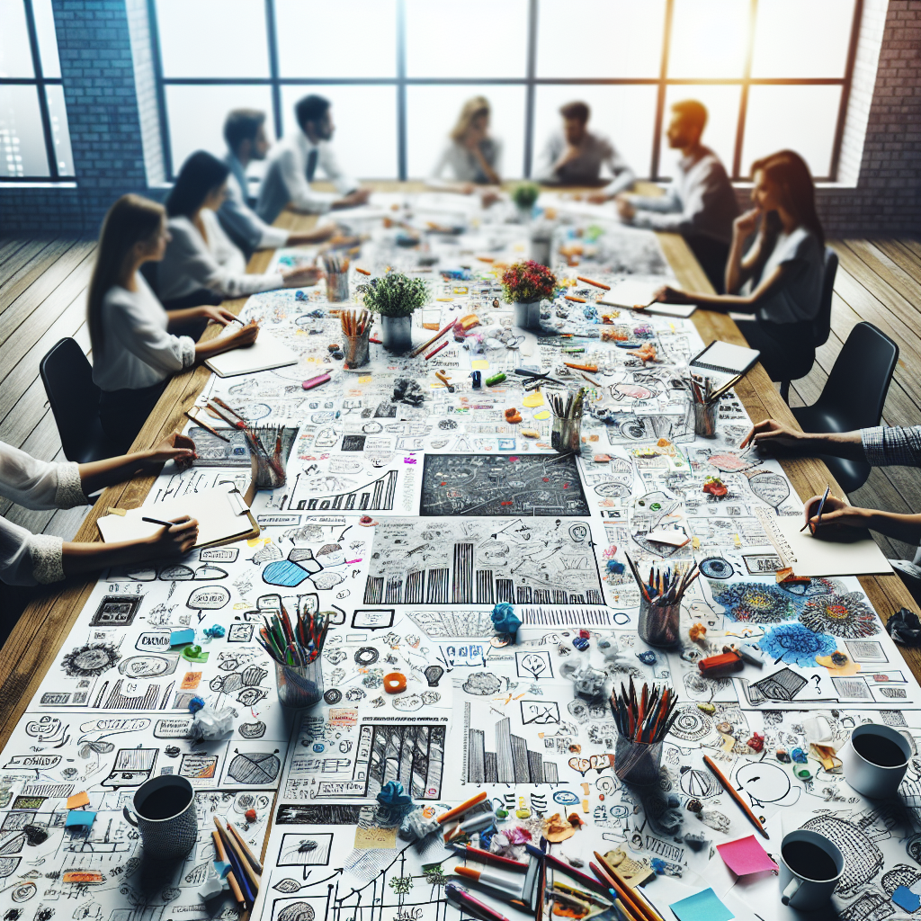 A creative brainstorming session for explainer video ideas with sketches and notes on a table