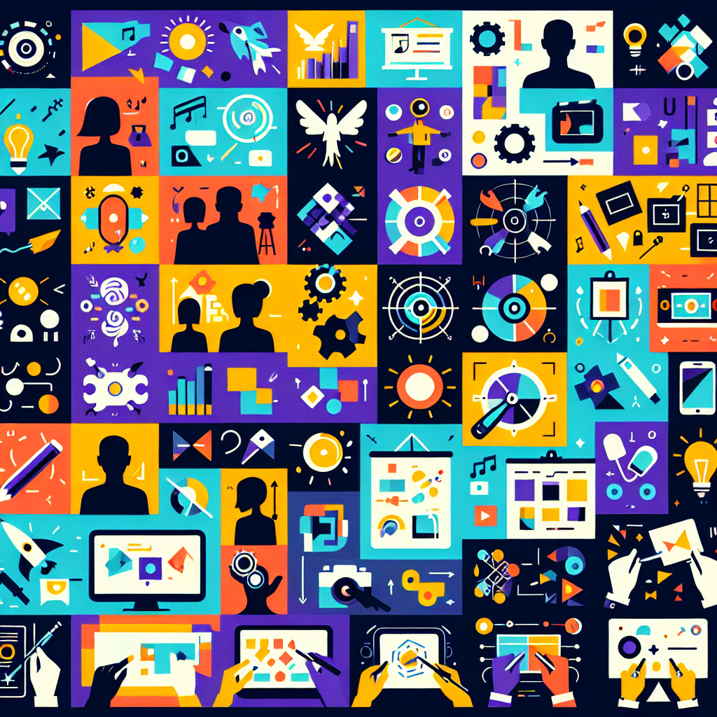 A vibrant collage showcasing different types of animation explainers including 2D, 3D, whiteboard, motion graphics and interactive styles