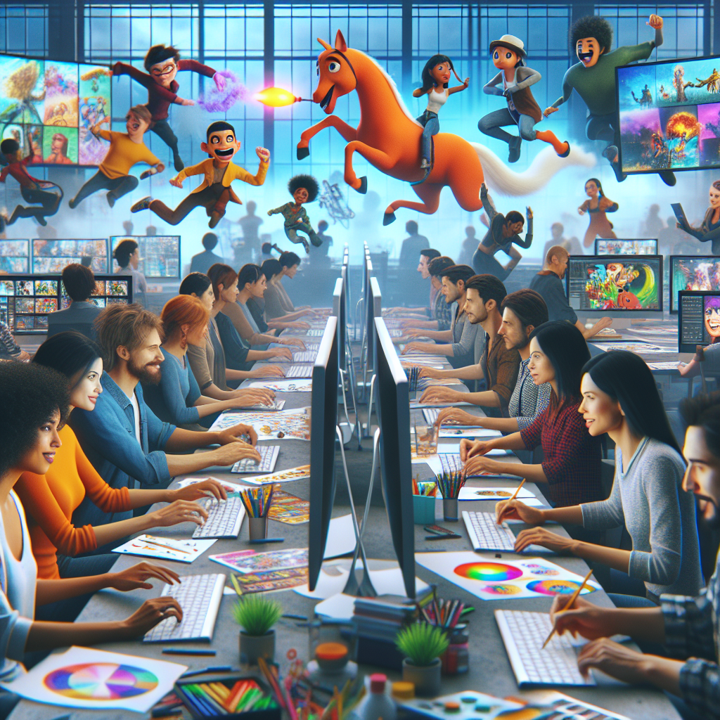 A vibrant animation studio with artists working on 2D and 3D animations, showcasing screens with colorful characters and scenes being created.