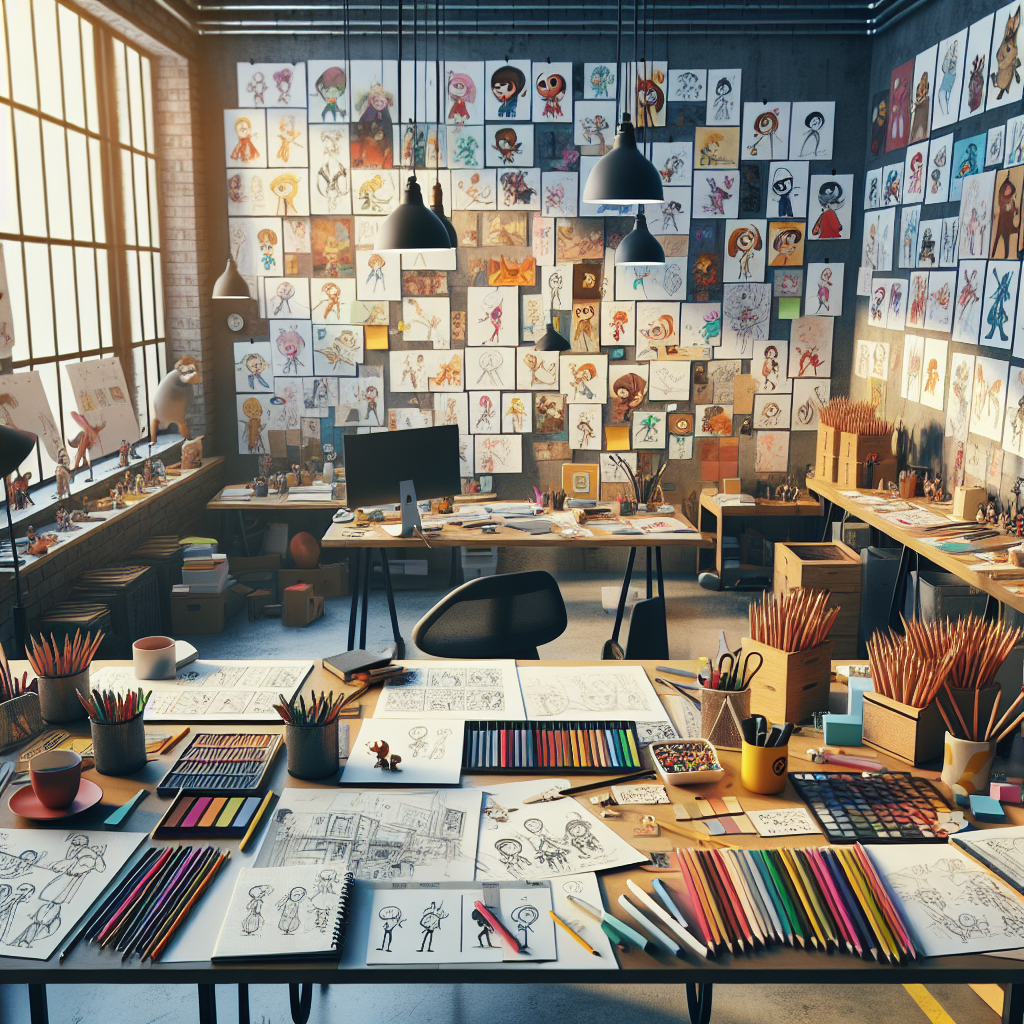 A creative workspace showcasing diverse storyboard sketches and colorful character designs on desks in an animation studio.