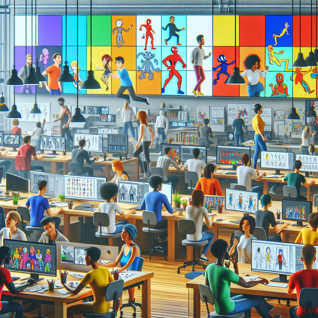 A dynamic animation studio scene featuring animators working on character designs with colorful screens displaying various stages of 2D and 3D animations.