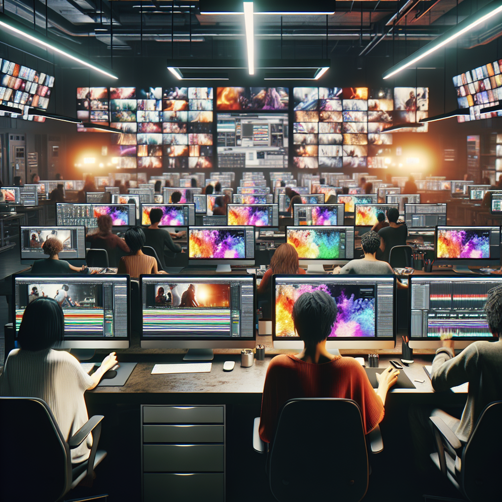 A vibrant post-production studio scene with editors working on computers surrounded by screens displaying colorful animations being refined.