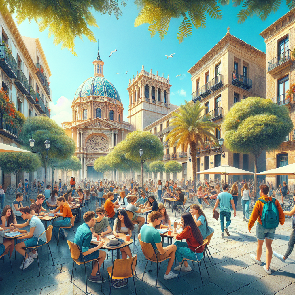 A picturesque view of Valencia with students engaging in a Spanish lesson outdoors
