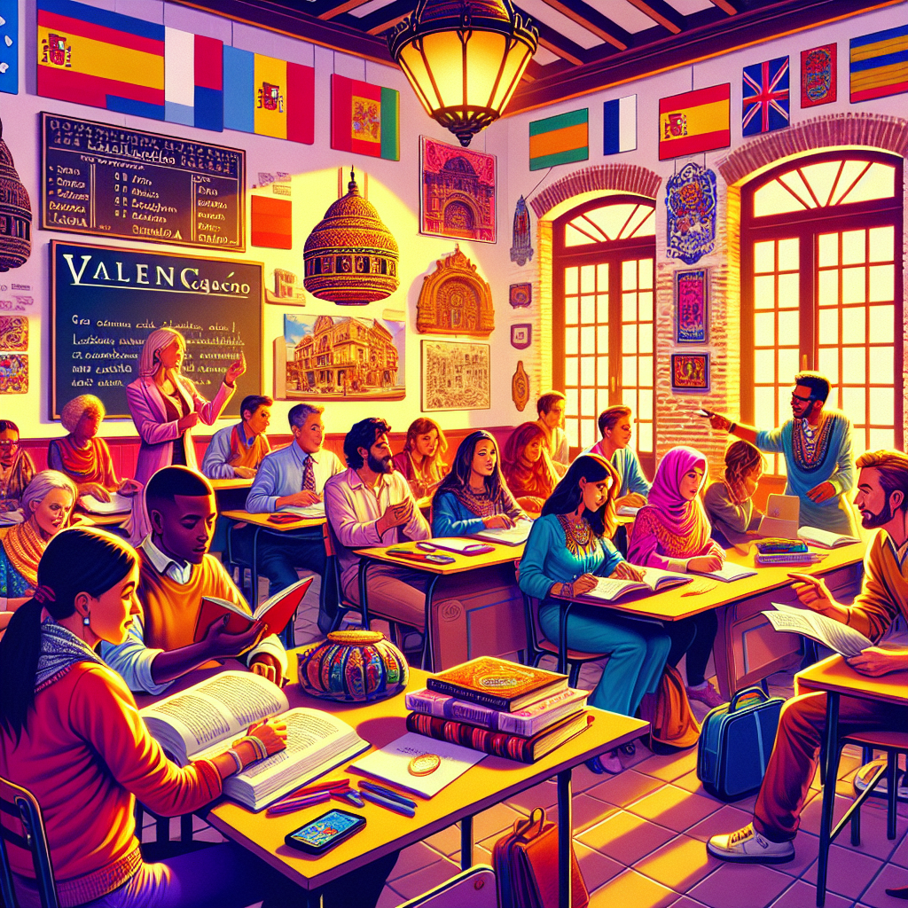 A vibrant classroom scene at a language school in Valencia with diverse students engaged in learning Spanish