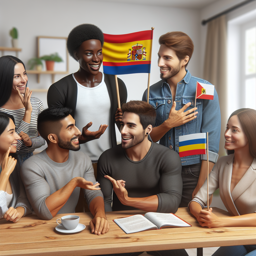 A vibrant language exchange session with diverse people enthusiastically practicing Spanish together