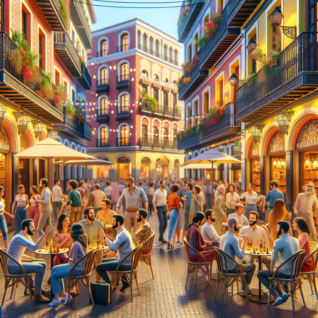 A vibrant street scene in Spain where people are engaged in lively conversations, showcasing diverse groups practicing Spanish dialogue
