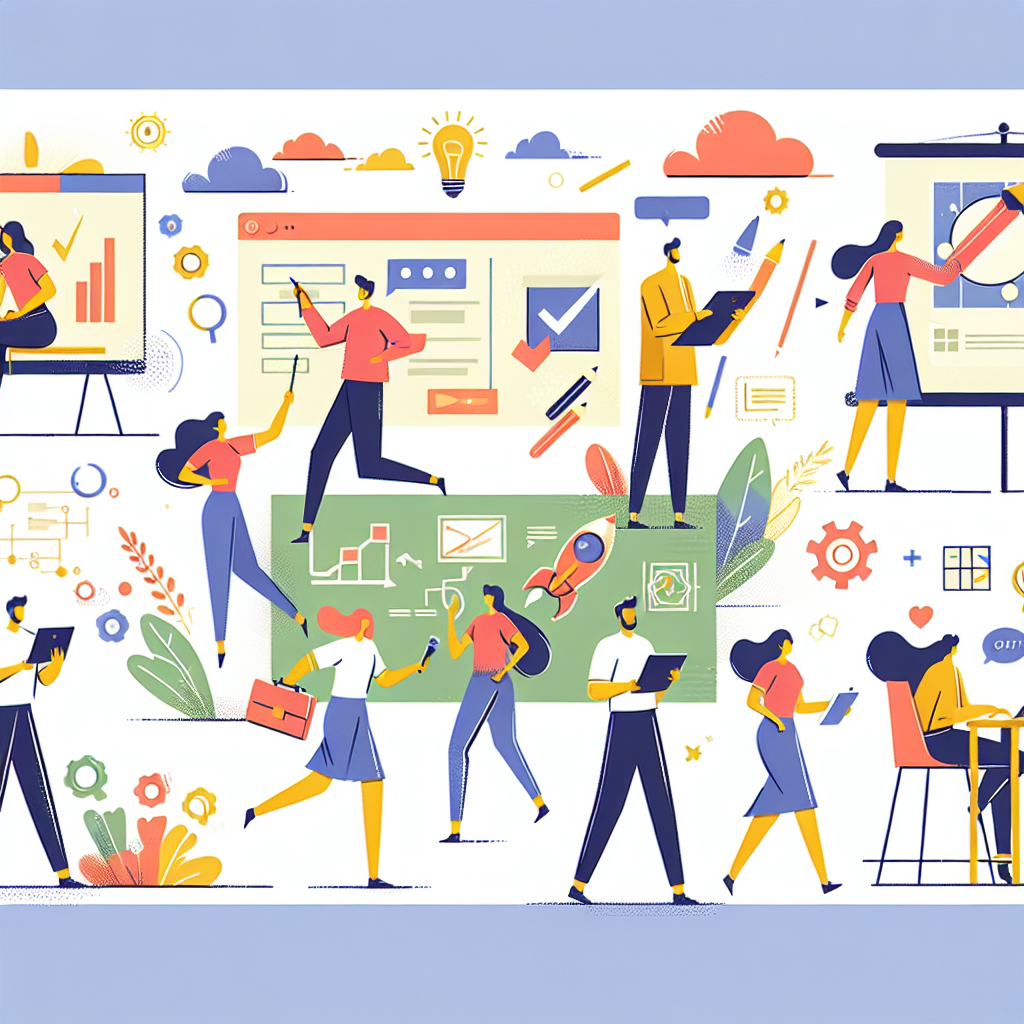 A dynamic scene showing an interactive whiteboard animation in action, featuring diverse characters engaging in various tasks like clicking buttons and answering quizzes.