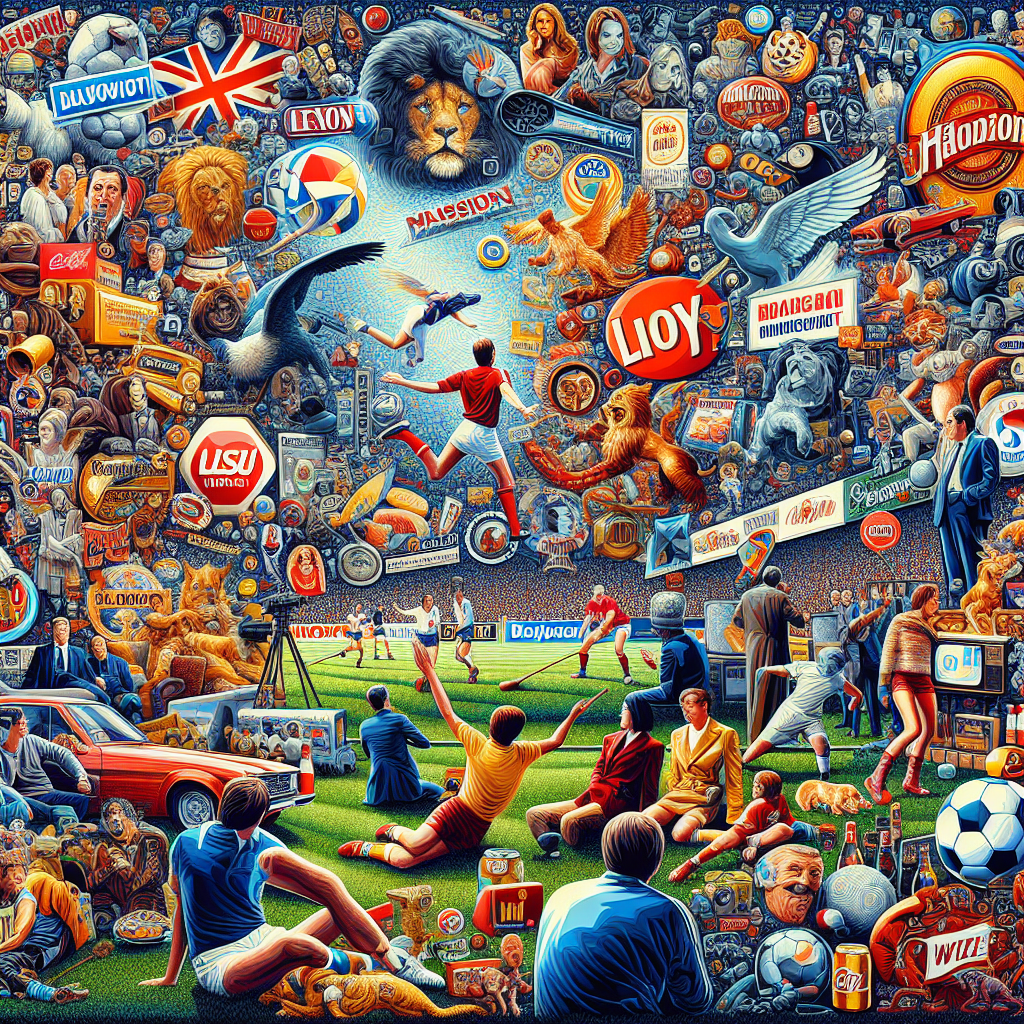 A vibrant collage showcasing iconic Super Bowl ads from different decades with famous logos and memorable characters