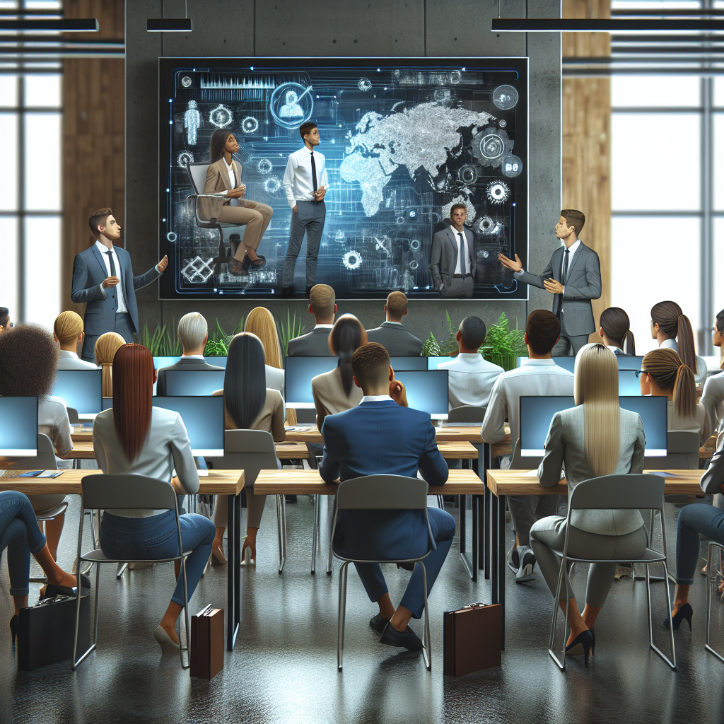 An office setting where employees are engaged in watching training videos on screens, showcasing team collaboration and learning.