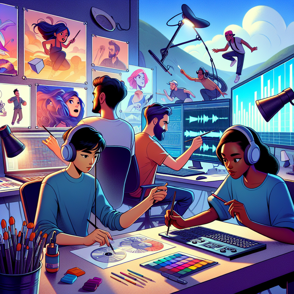 A vibrant illustration showcasing different stages in an animation production pipeline with characters representing each role (concept artist, animator, sound designer) working collaboratively.
