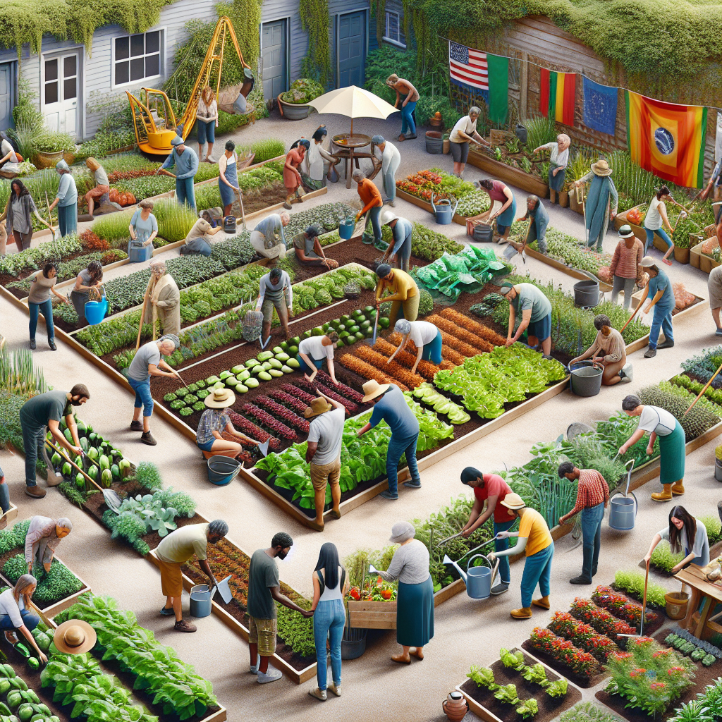 A vibrant community garden with diverse people planting vegetables together, showcasing teamwork and joy in gardening.