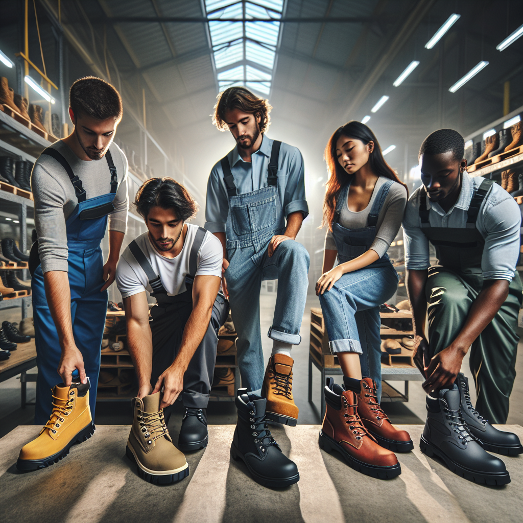 A diverse group of workers trying on various styles of safety footwear in an industrial setting