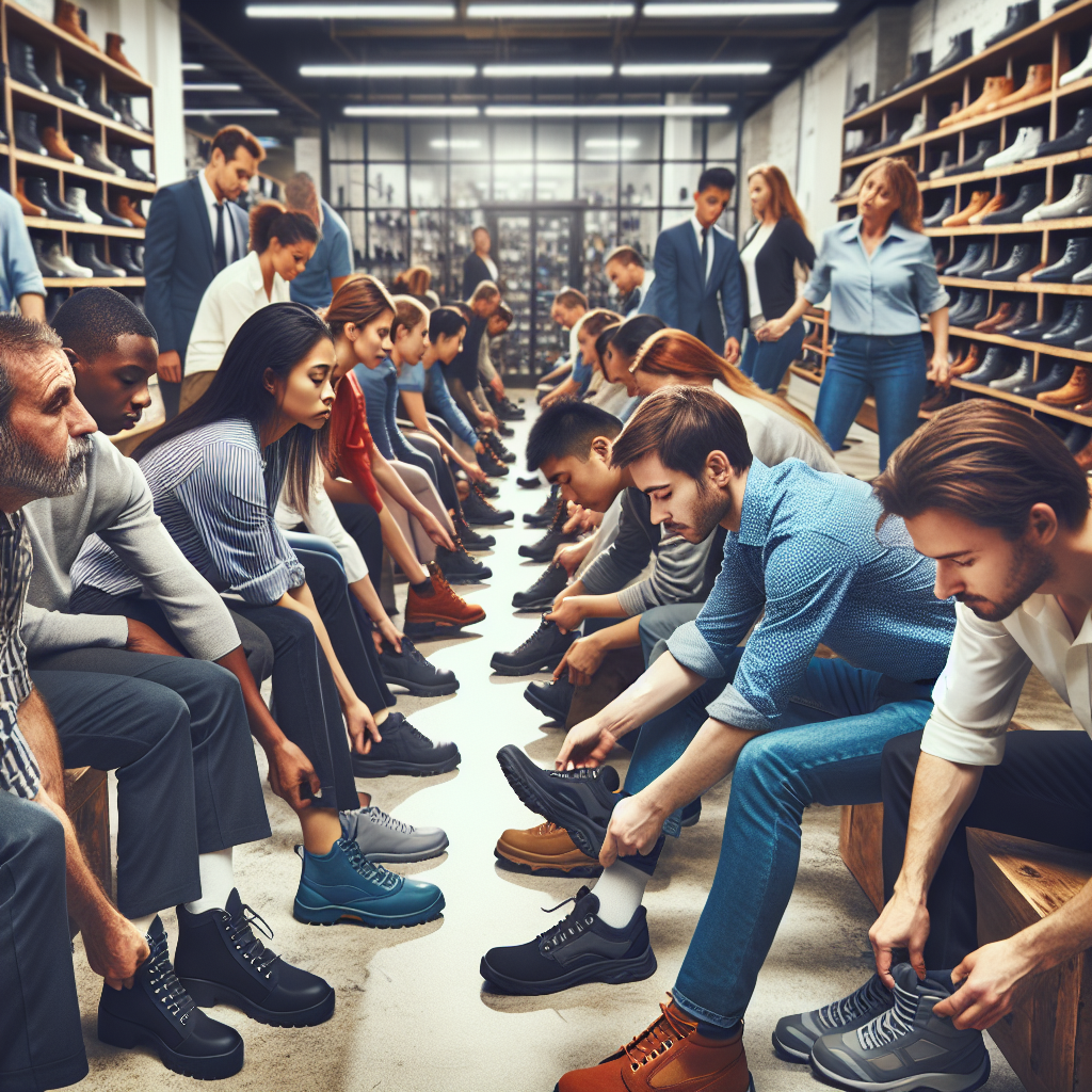 A professional fitting session with employees trying on various sizes of industrial footwear