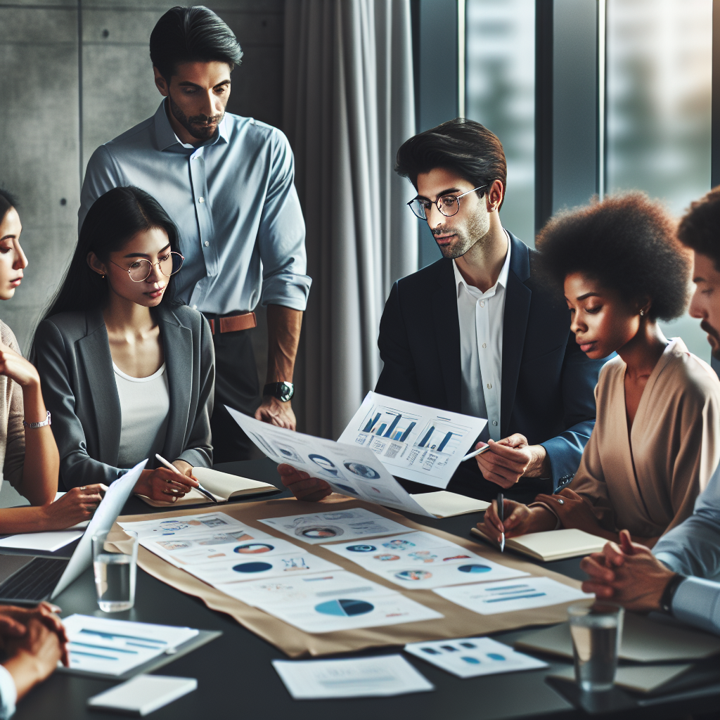 A project team meeting discussing strategies for implementing a company-wide fitting program