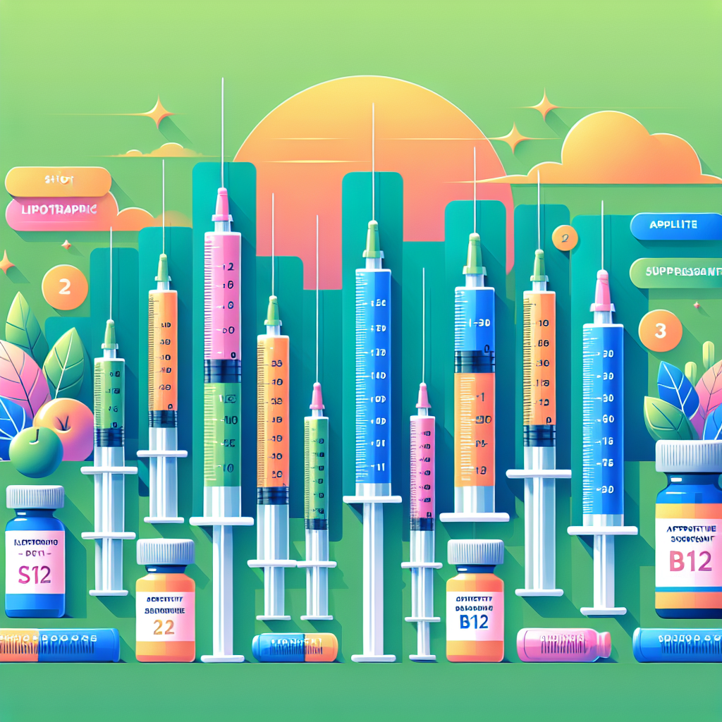 A vibrant illustration showing various types of skinny shots in syringes with labels like 'lipotropic', 'B12', and 'appetite suppressant', set against a friendly wellness background