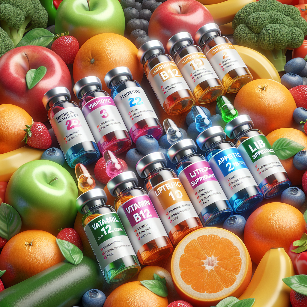 A vibrant illustration of various weight loss injection vials with labels like 'Vitamin B12', 'Lipotropic', 'Appetite Suppressant', surrounded by fresh fruits and vegetables