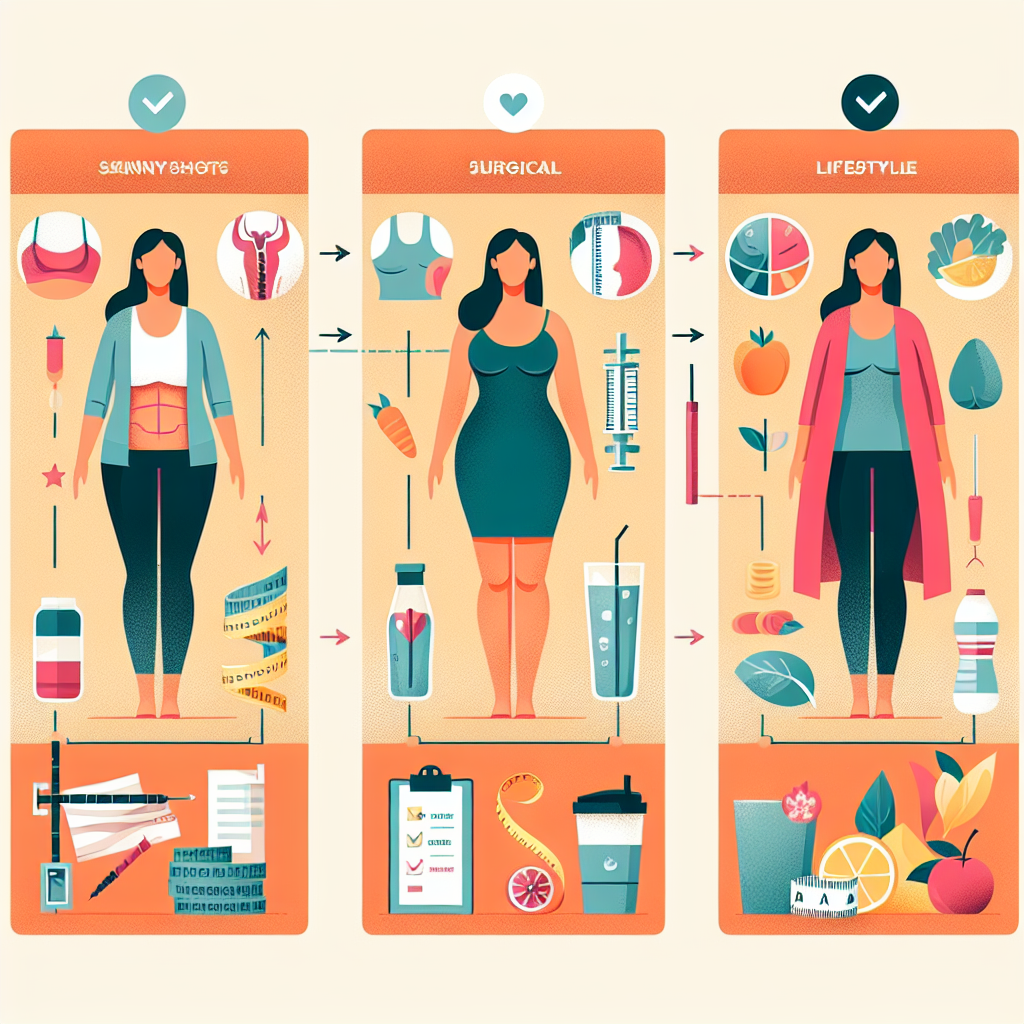 A visual representation comparing different weight loss methods including skinny shots, surgical options, and lifestyle changes.